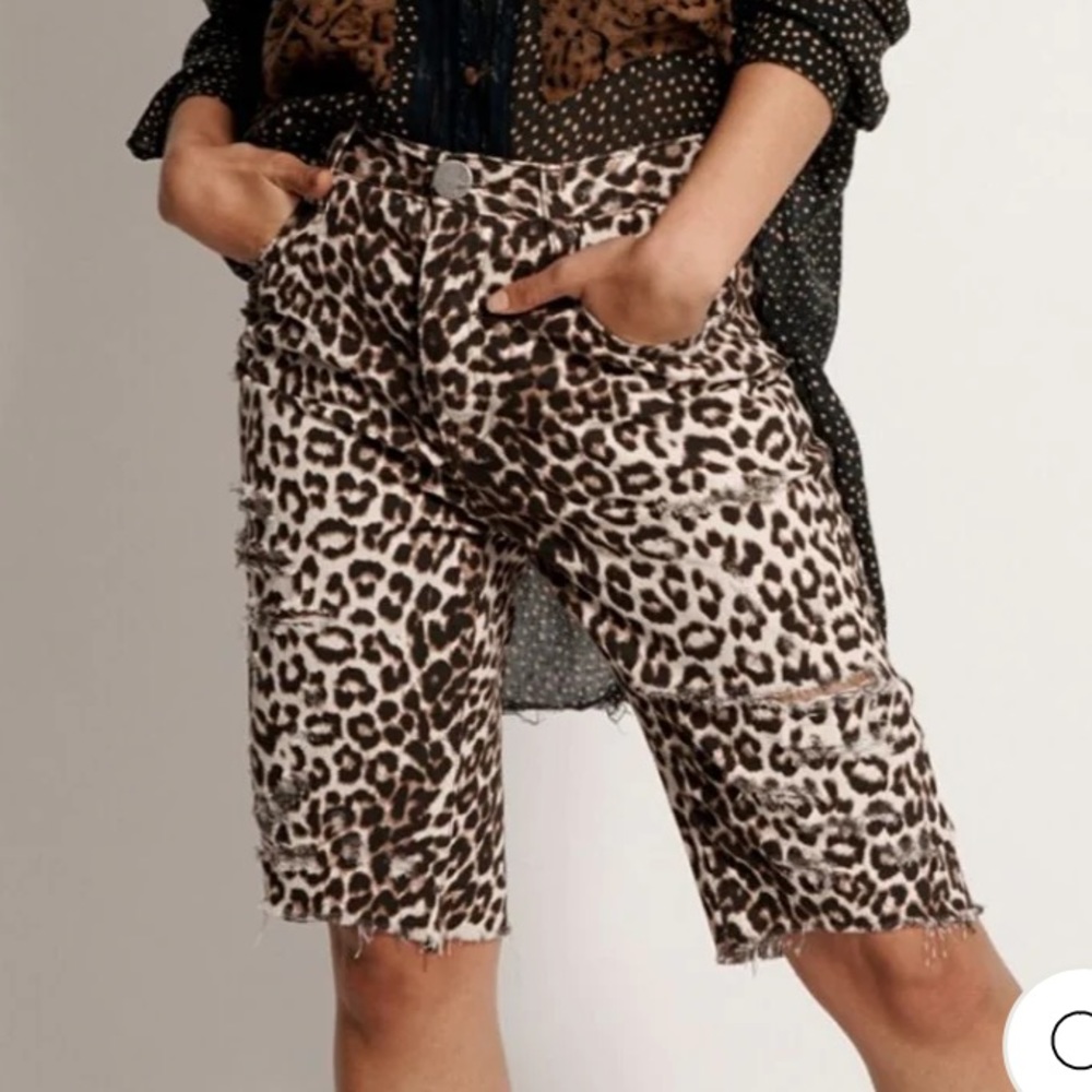 One Teaspoon Cut Off Truckers Mid-Waist Long Length Shorts: Animal Leopard Print